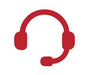 A red headset with a connected microphone and headphones. 