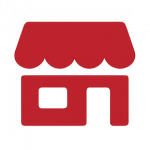 A red icon of a storefront with a simple roof and open window and door. 